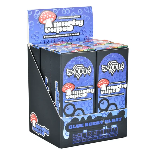 Exodus Mushroom Vape lineup featuring Sugar Cookie, Rainbow Belts, and Lime Sorbet flavors in colorful packaging